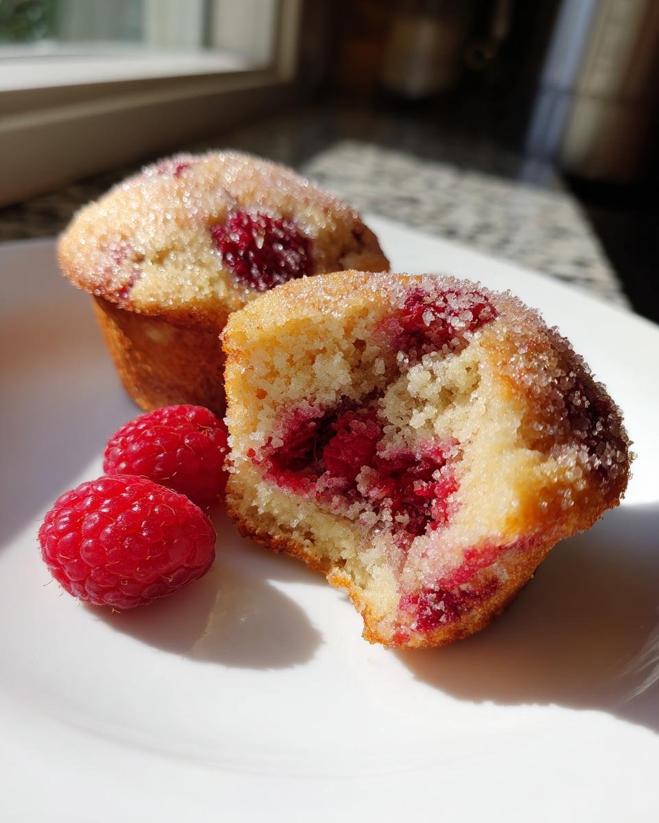 A close-up of two Raspberry Muffins, one cut open to show the fruit inside, served with fresh raspberries.