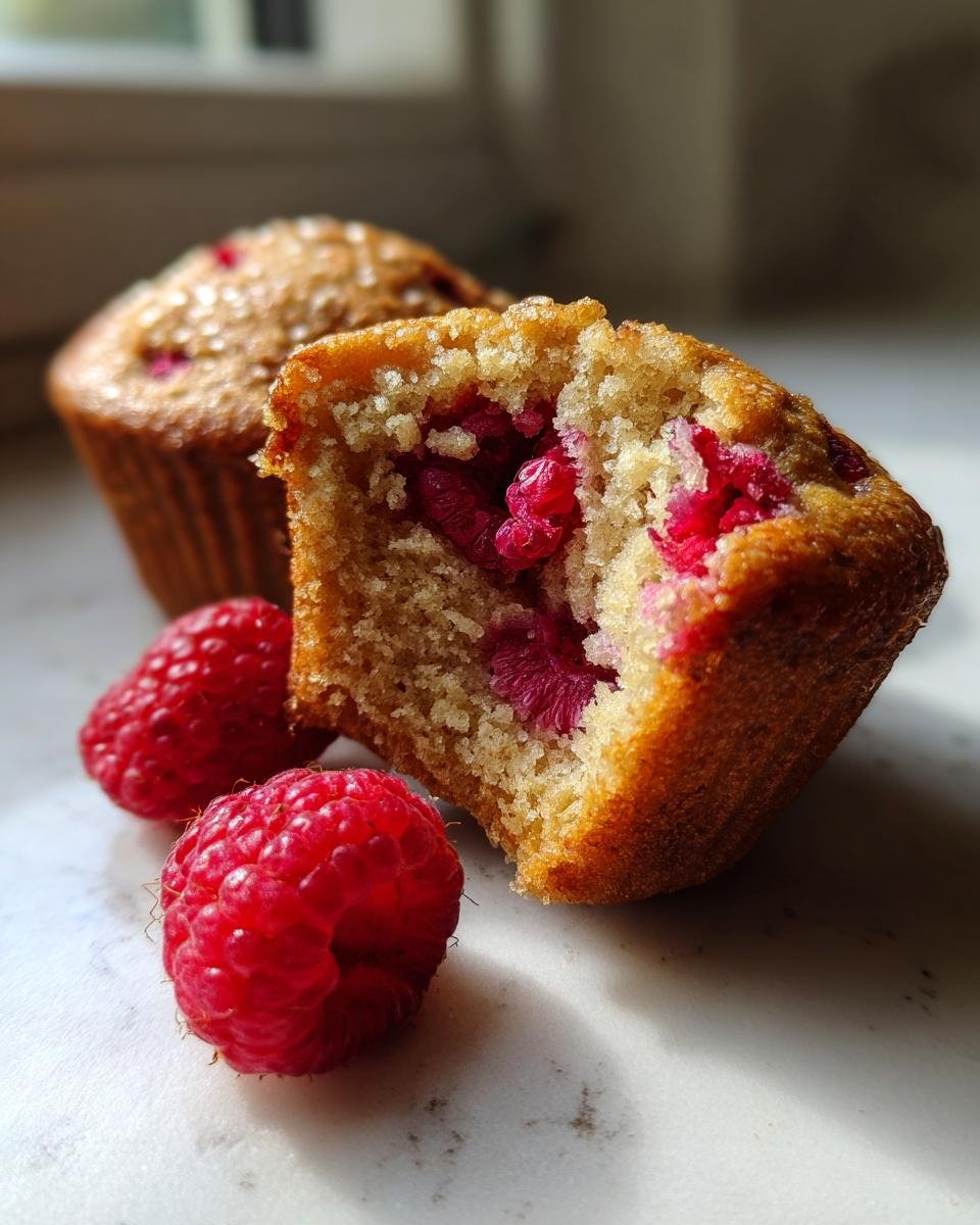 A halved Raspberry Muffin showing the moist interior packed with bright red raspberries, next to two fresh raspberries.