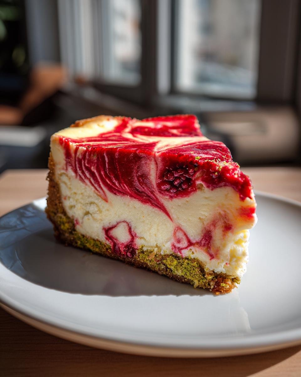 A perfect slice of Raspberry Pistachio Cheesecake featuring a bright red raspberry swirl on top and a green pistachio crust.