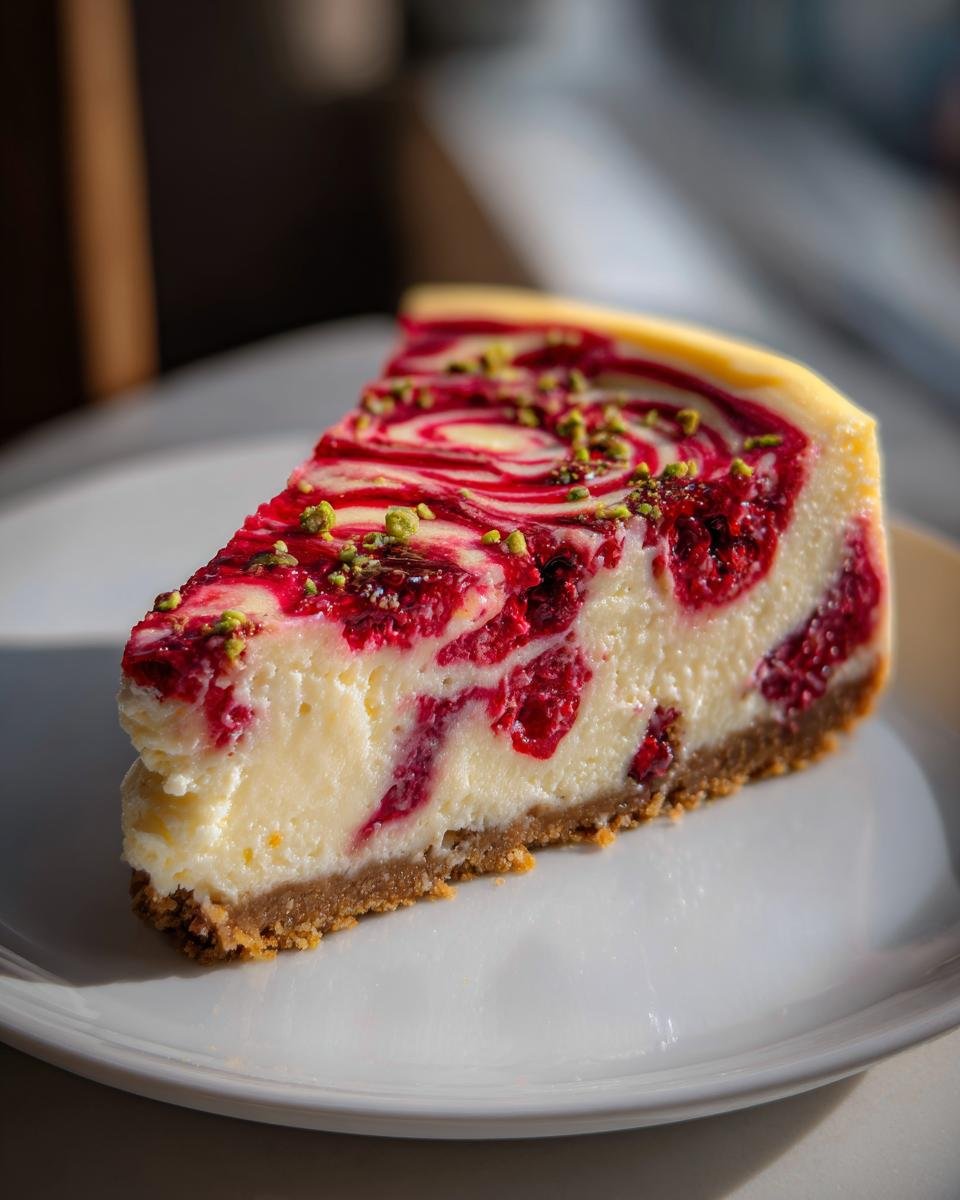 A perfect slice of Raspberry Pistachio Cheesecake featuring a creamy white filling swirled with bright red raspberry sauce and topped with chopped pistachios.