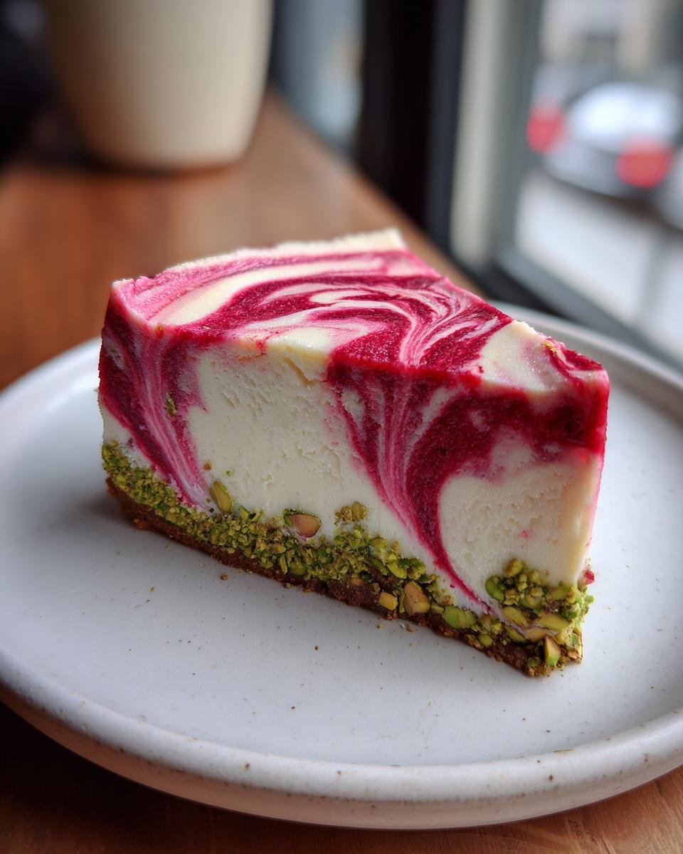 A close-up of a slice of Raspberry Pistachio Cheesecake featuring a white and magenta swirl topping and a vibrant green pistachio crust.