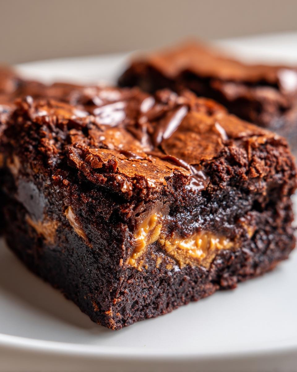 A close-up of a rich, dark chocolate Reeses Brownies square showing a gooey peanut butter swirl inside.