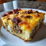 A close-up of a hearty slice of Breakfast Casserole topped with melted, browned cheese and sausage crumbles.
