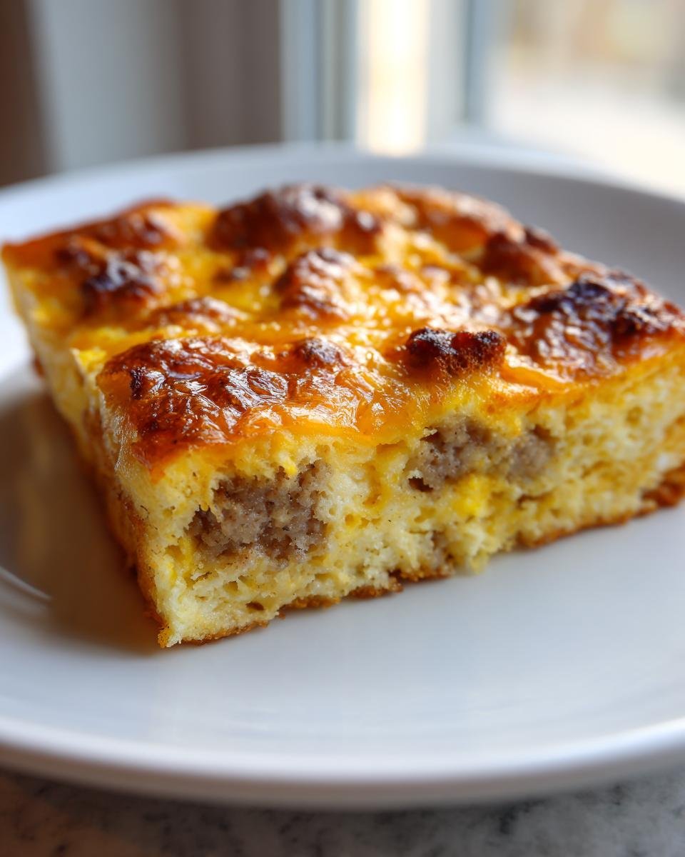 A close-up of a square slice of sausage Breakfast Casserole with a golden, bubbly cheese topping.