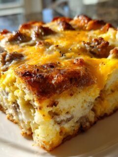 Close-up of a golden brown slice of sausage Breakfast Casserole topped with melted cheddar cheese.
