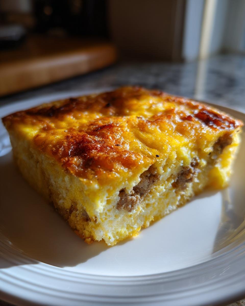 A golden-brown slice of savory Breakfast Casserole with visible sausage filling, served on a white plate.