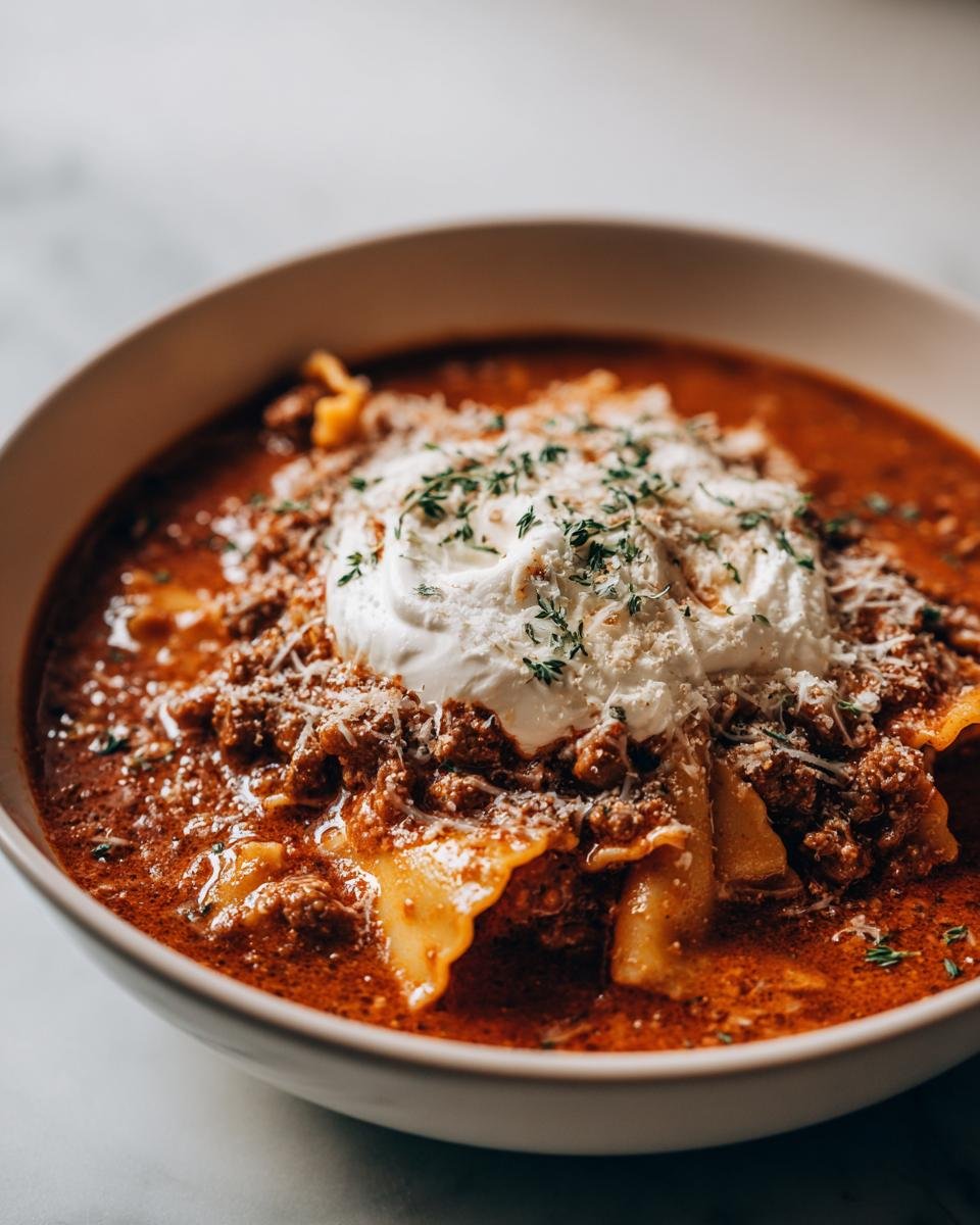 Close-up of a hearty bowl of Sausage Lasagna Soup topped with a dollop of ricotta, parmesan, and herbs.