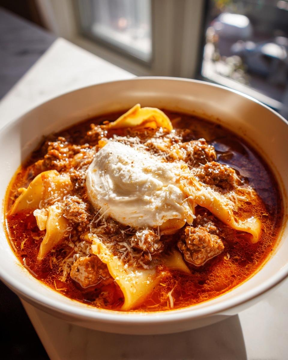 Close-up of a hearty bowl of Sausage Lasagna Soup featuring rich tomato sauce, meat, pasta pieces, and a dollop of ricotta cheese.