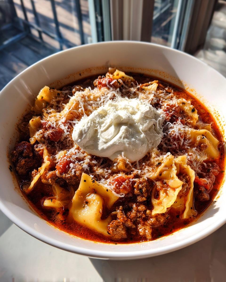 A close-up of a white bowl filled with rich Sausage Lasagna Soup, topped with a dollop of ricotta and grated Parmesan cheese.