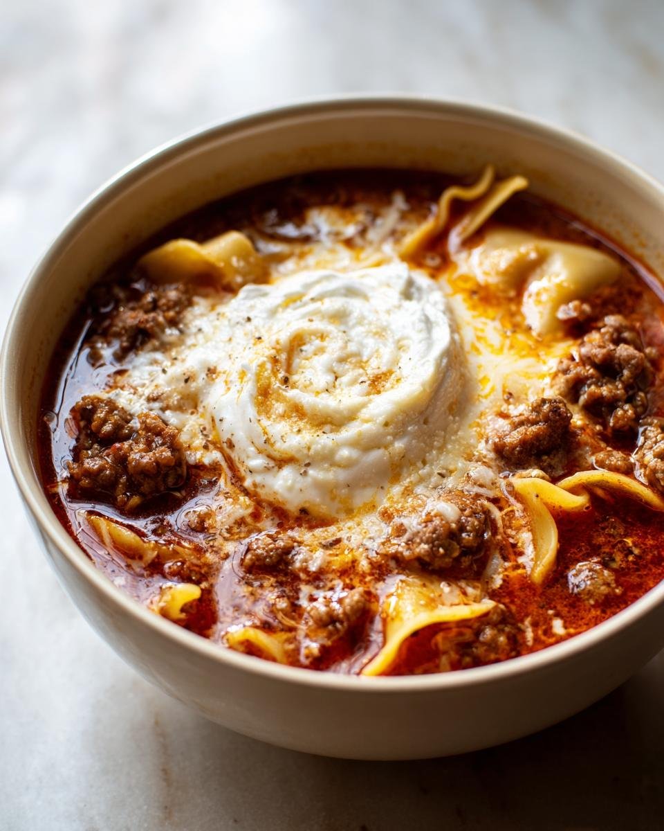 Close-up of a hearty bowl of Sausage Lasagna Soup topped with a swirl of creamy ricotta cheese.
