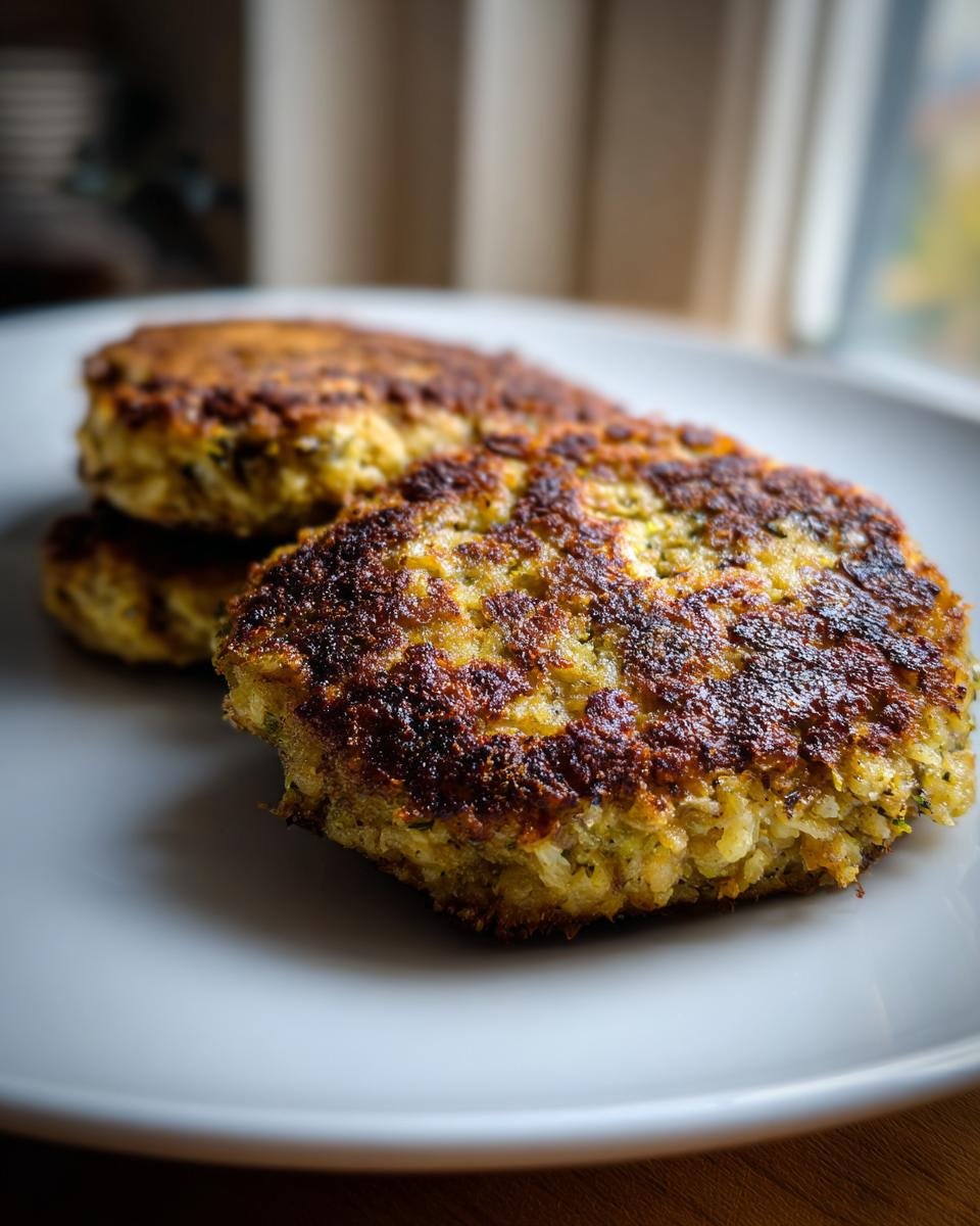 Close-up of three perfectly seared Cabbage Burgers stacked on a light gray plate, showing a crispy, browned exterior.