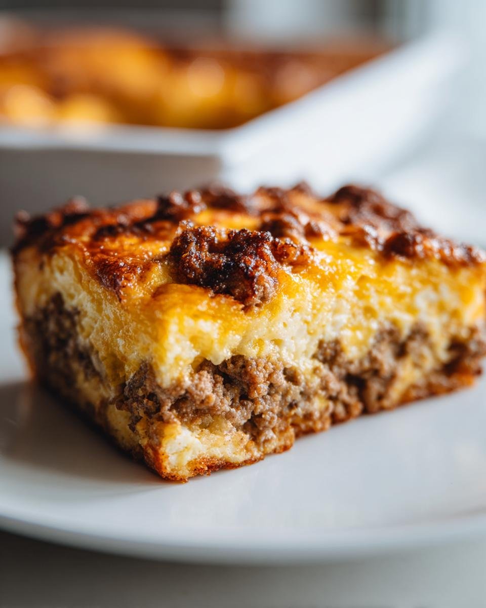 Close-up of a square slice of savory Egg Bake featuring a layer of browned ground meat beneath a golden, baked egg and cheese top.