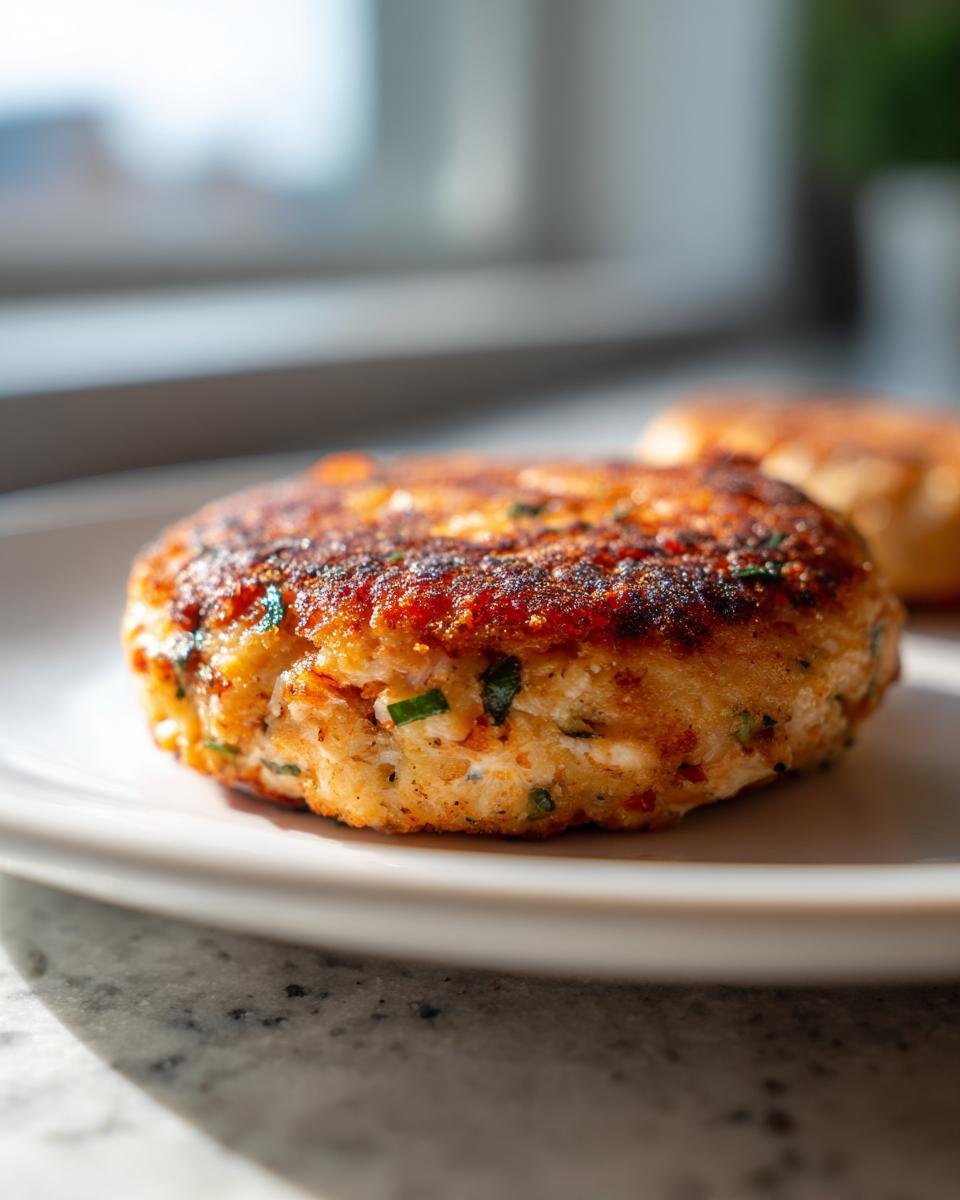 Close-up of a perfectly seared, golden-brown Salmon Burgers patty on a white plate.