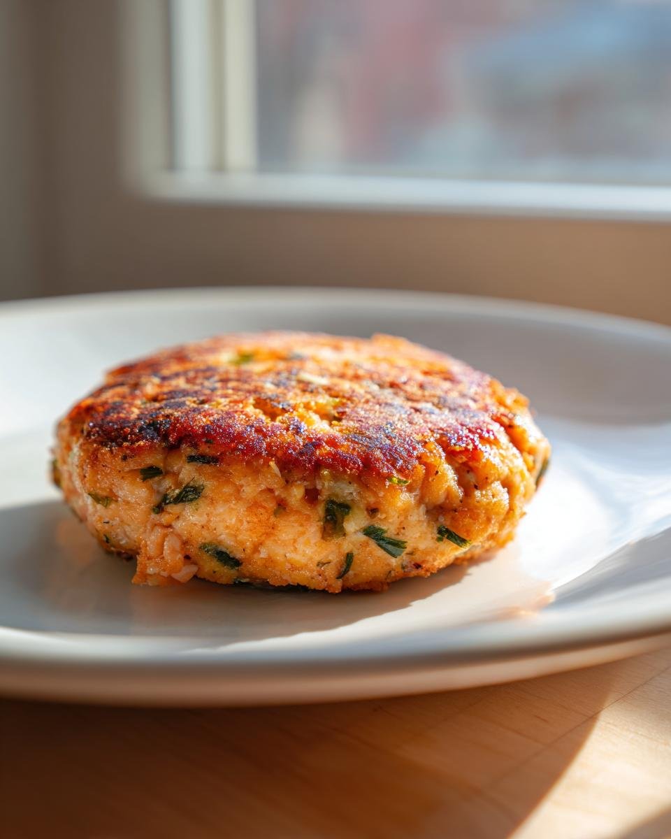 Close-up of a perfectly seared, golden-brown Salmon Burgers patty resting on a white plate, illuminated by natural light.