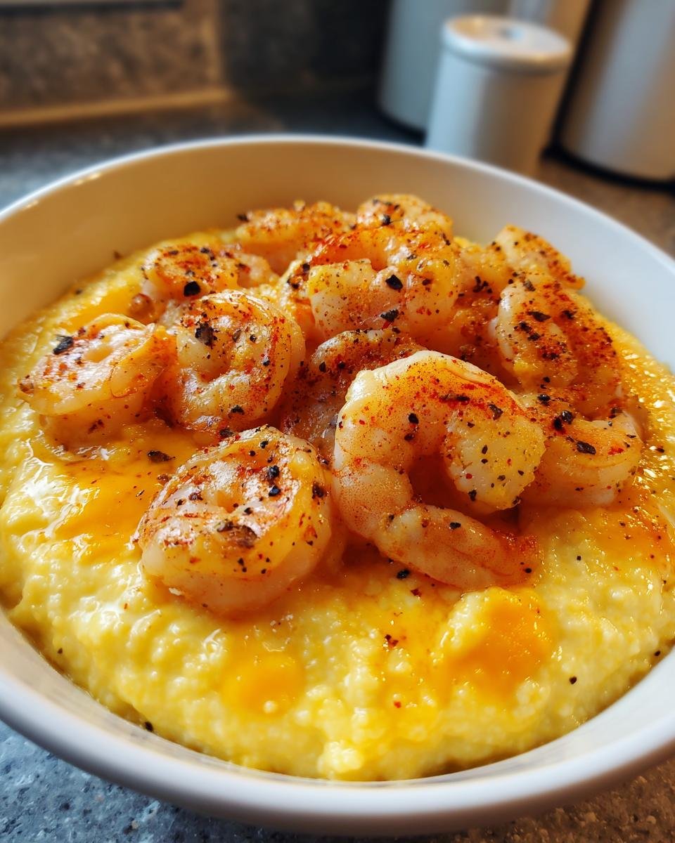 Close-up of seasoned shrimp served over creamy yellow grits in a white bowl, perfect for Shrimp Grits Bowls.