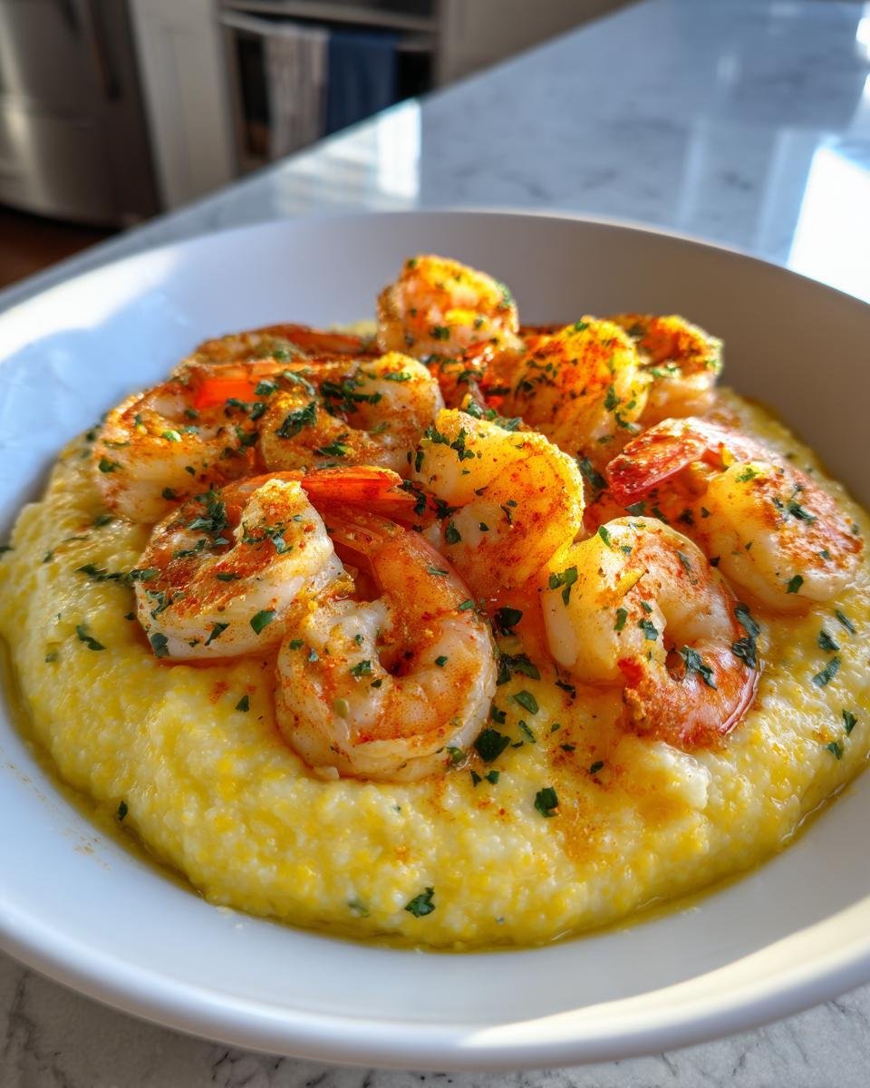 A close-up of perfectly cooked, seasoned shrimp served over creamy yellow grits in a white bowl, making delicious Shrimp Grits Bowls.