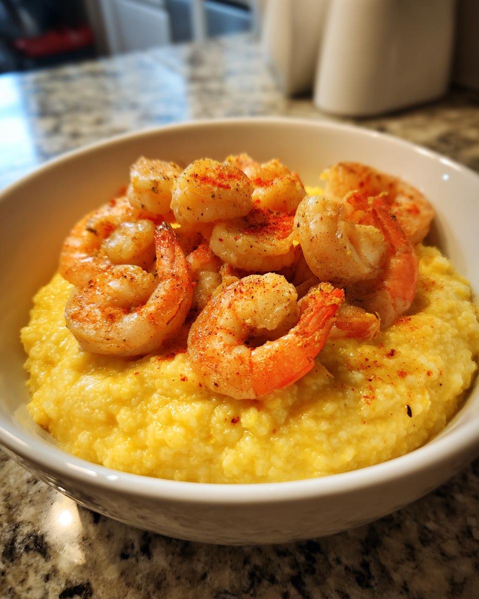Close-up of creamy yellow grits topped with seasoned shrimp in a white bowl, ready to eat Shrimp Grits Bowls.