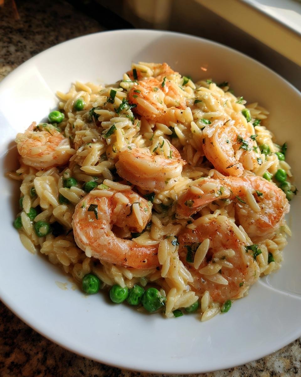 A close-up shot of a white bowl filled with creamy Shrimp Orzo mixed with bright green peas and topped with seasoned shrimp.