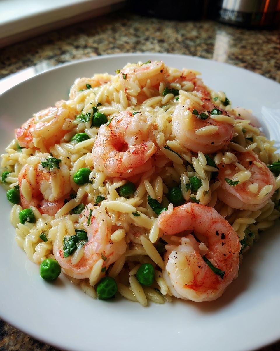 A close-up serving of delicious Shrimp Orzo mixed with bright green peas and fresh herbs on a white plate.