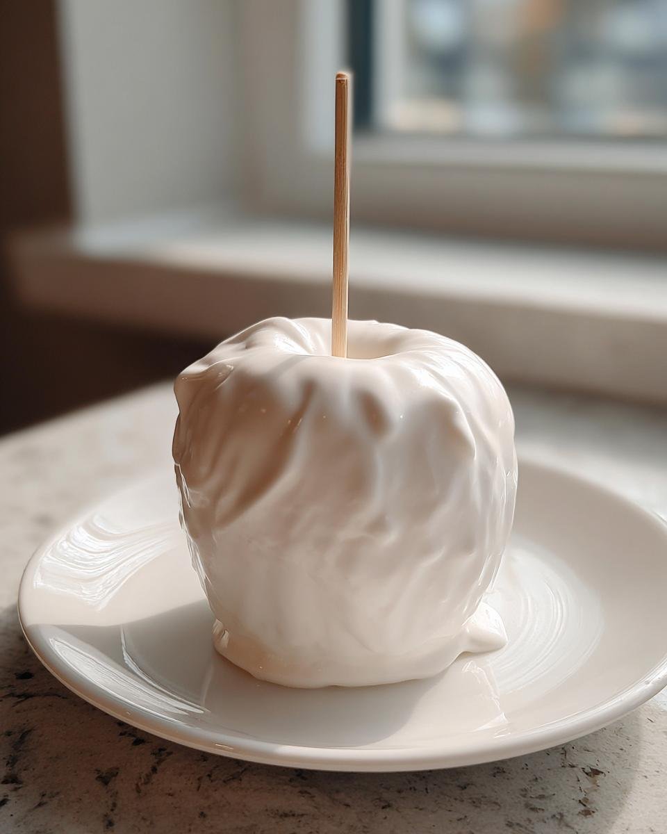 A single Marshmallow Apples treat, completely coated in fluffy white marshmallow, resting on a small white plate.