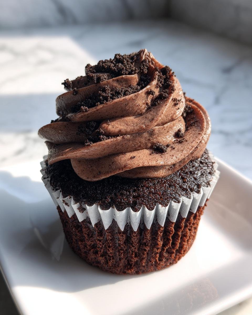 Close-up of a rich chocolate Oreo Cupcake topped with swirled chocolate frosting and cookie crumbs.