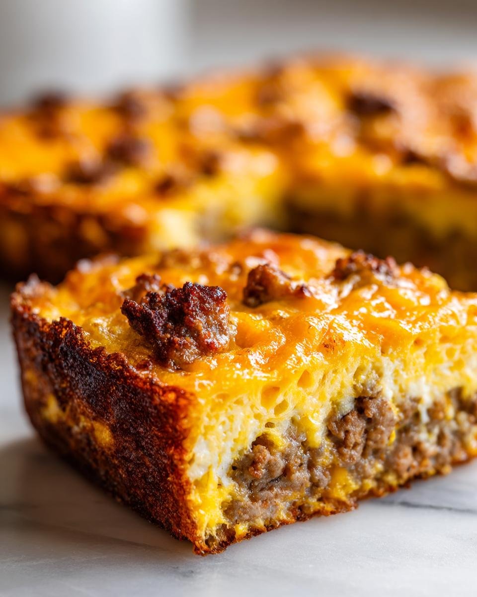 Close-up of a hearty slice of Amazing 12-Egg Bake, showing layers of sausage, fluffy egg, and melted cheddar cheese.