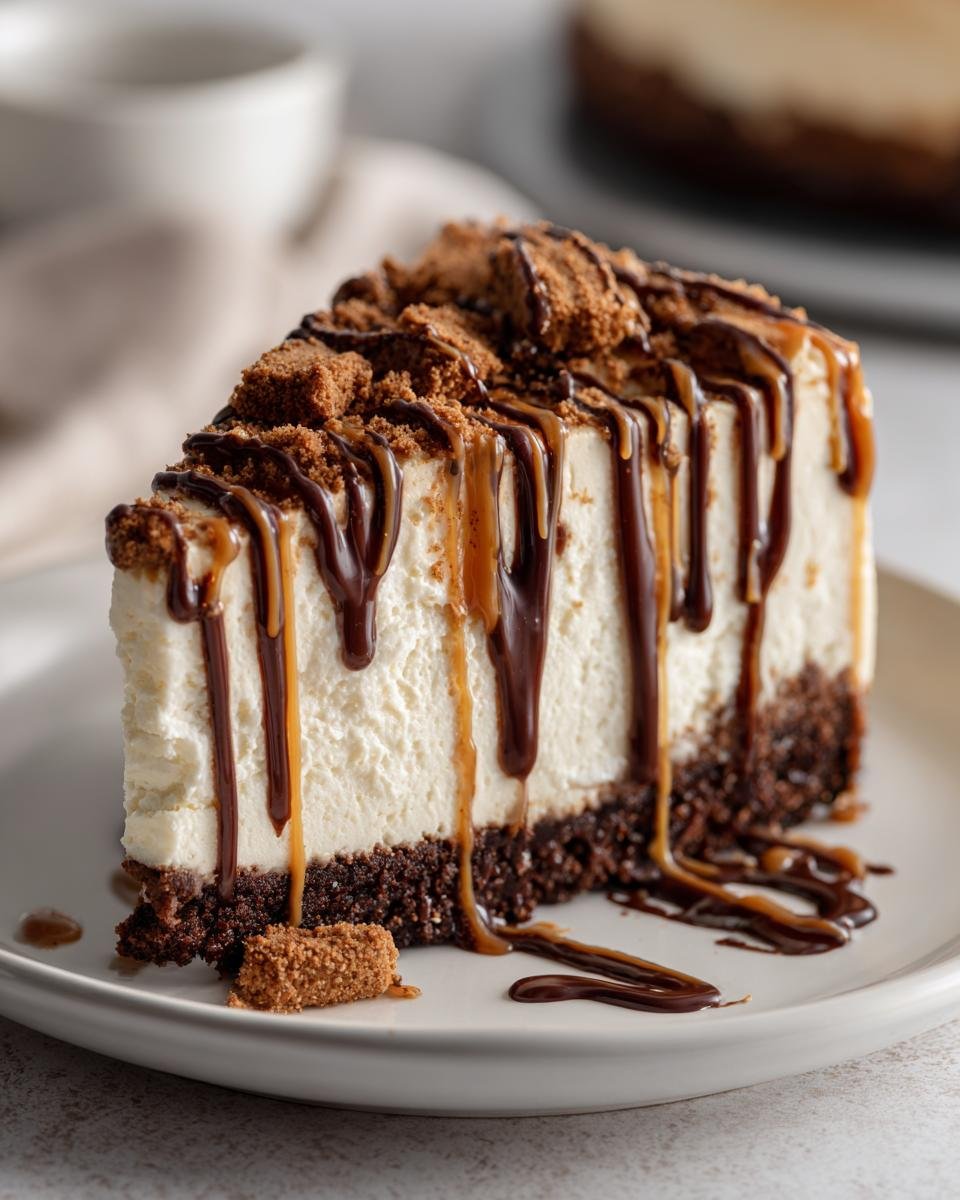 A decadent slice of Biscoff Cheesecake with a dark crust, topped with caramel and chocolate drizzles.