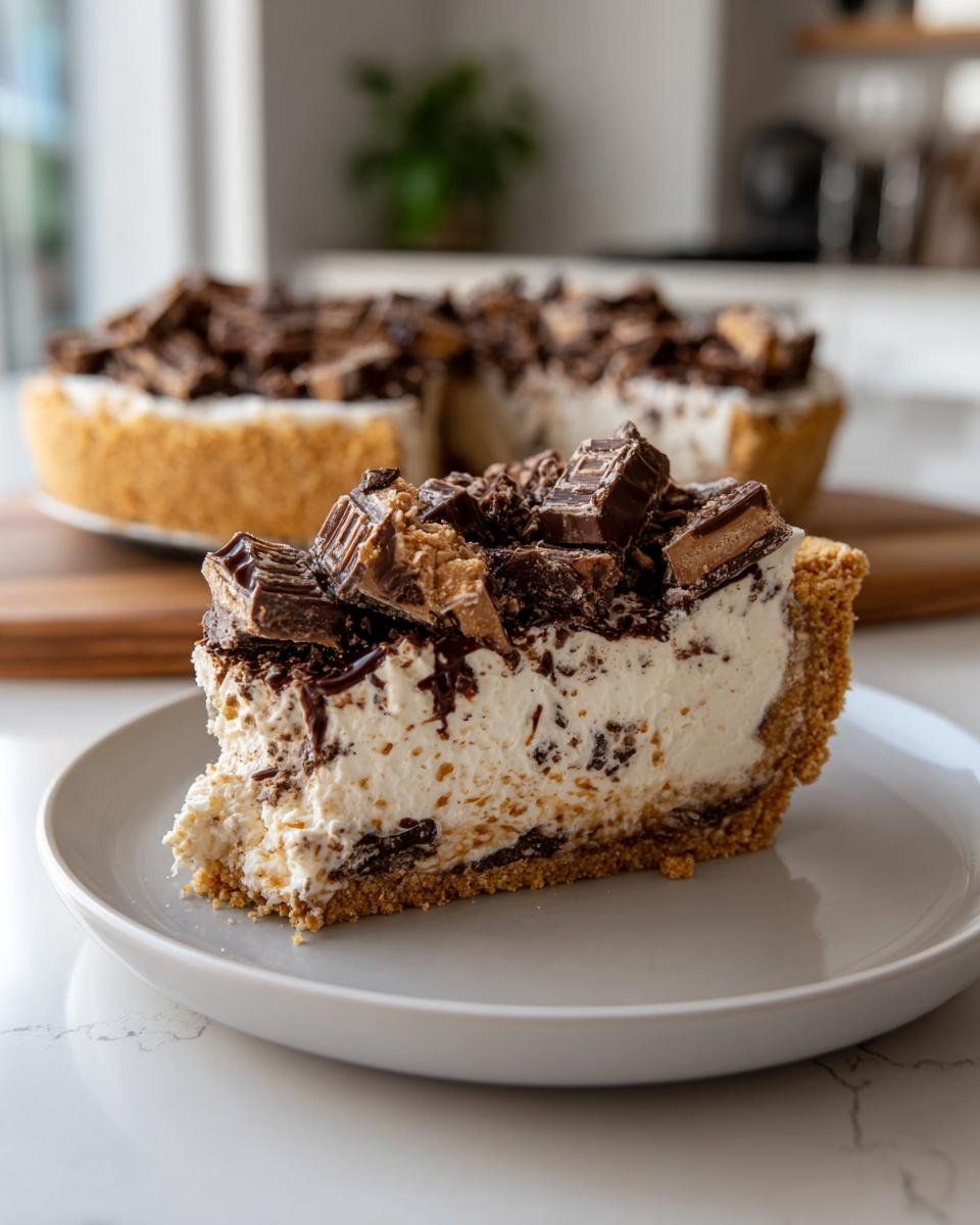 A close-up slice of creamy no-bake Butterfinger Pie with a graham cracker crust, topped with chopped candy.