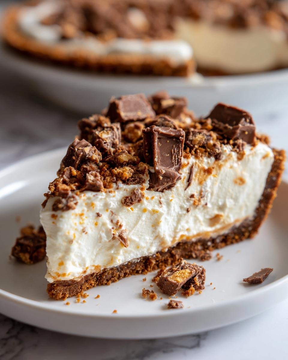 A close-up of a creamy slice of no-bake Butterfinger Pie topped with crushed candy pieces on a white plate.