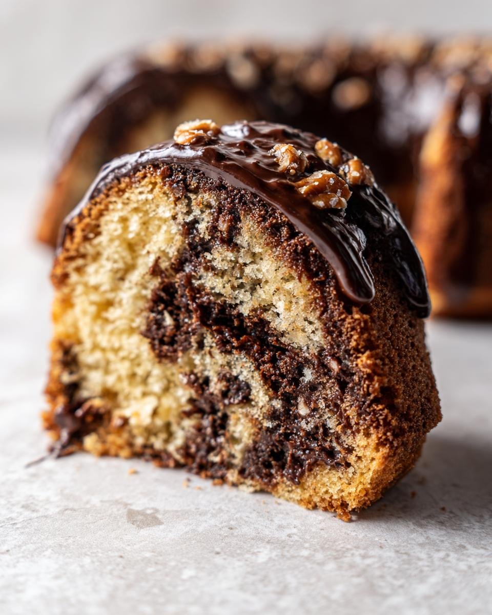 Close-up of a slice of marbled Pretzel Chaos Cake topped with rich chocolate glaze and chopped nuts.