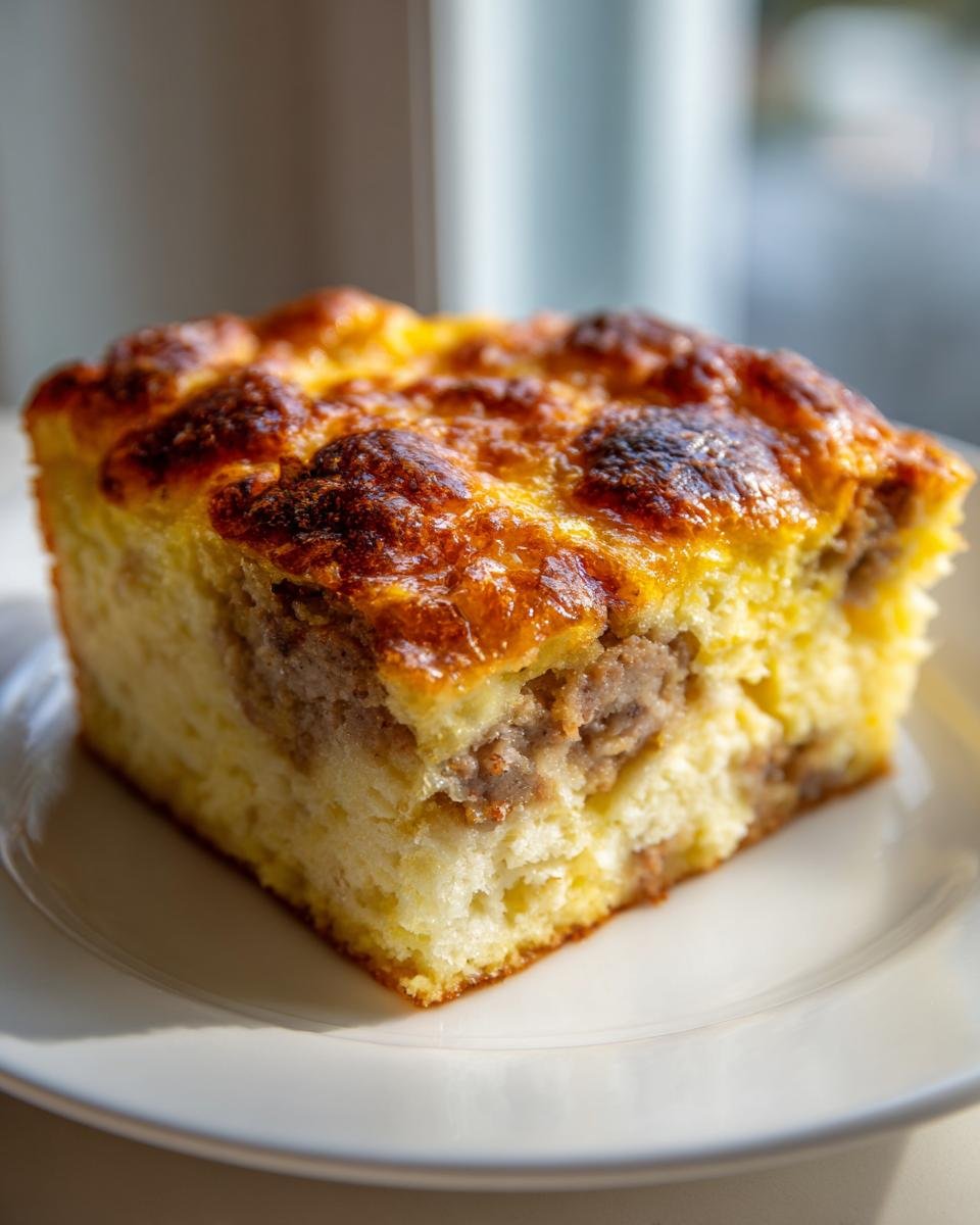 A square slice of savory Breakfast Casserole featuring a layer of sausage filling surrounded by fluffy egg and bread, topped with a golden-brown crust.