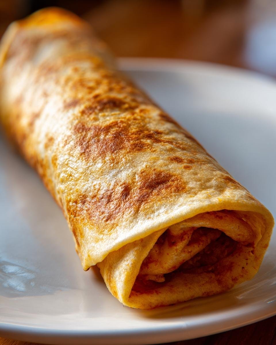 Close-up of a perfectly rolled and lightly toasted Smoked Chicken Burrito on a white plate.