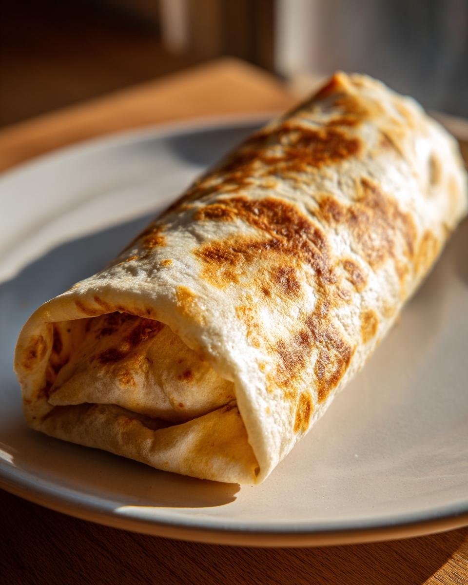 A close-up of a perfectly grilled Smoked Chicken Burrito resting on a light-colored plate.