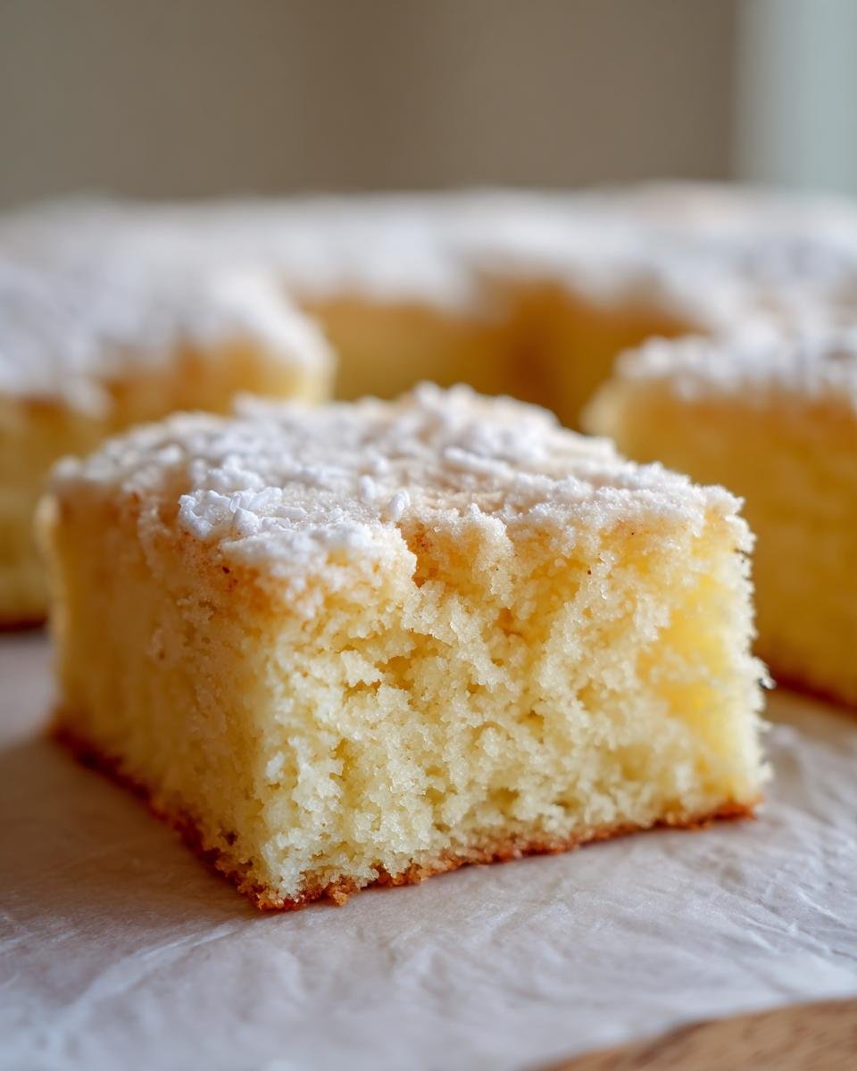 A close-up of a soft, yellow square of Cake Batter Bars topped with a dusting of powdered sugar.
