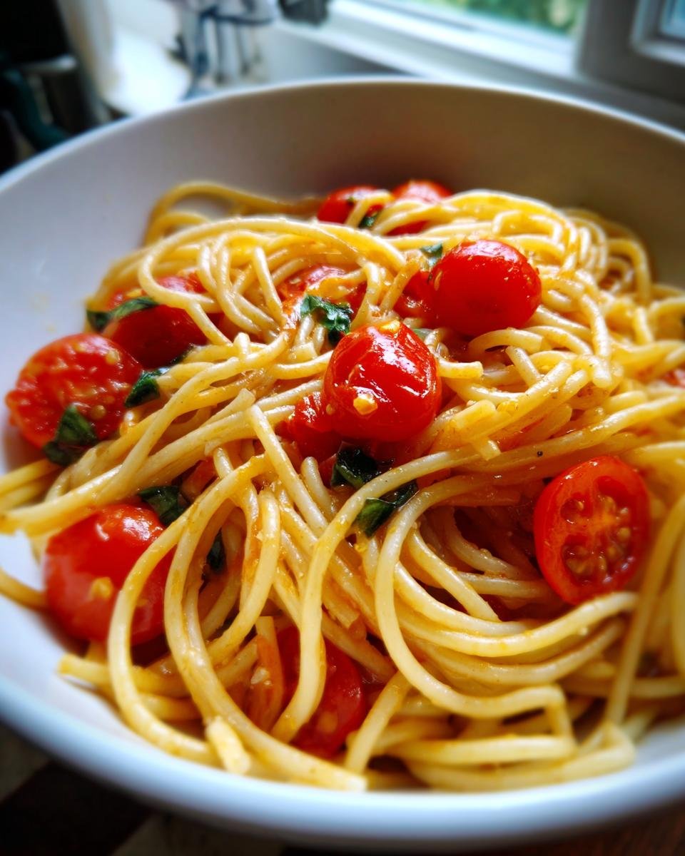 Close-up of spaghetti tossed in a light sauce with bright red cherry tomatoes for Tomato Garlic Pasta.