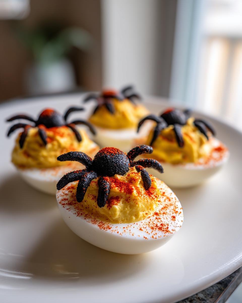 Four festive Spider Deviled Eggs topped with black olive spiders and paprika, ready for a Halloween party.