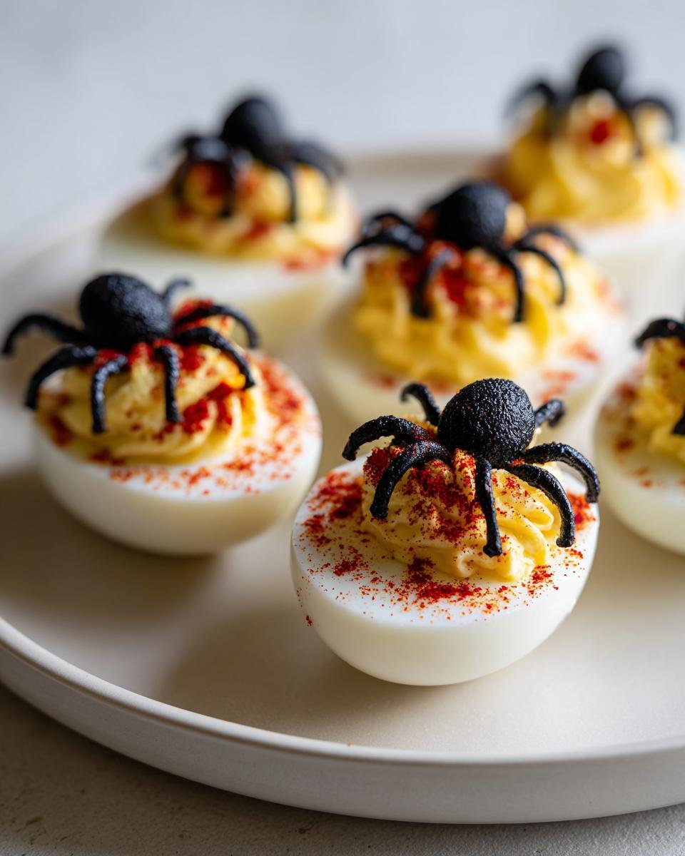 Several Spider Deviled Eggs arranged on a light plate, topped with black plastic spiders and paprika.