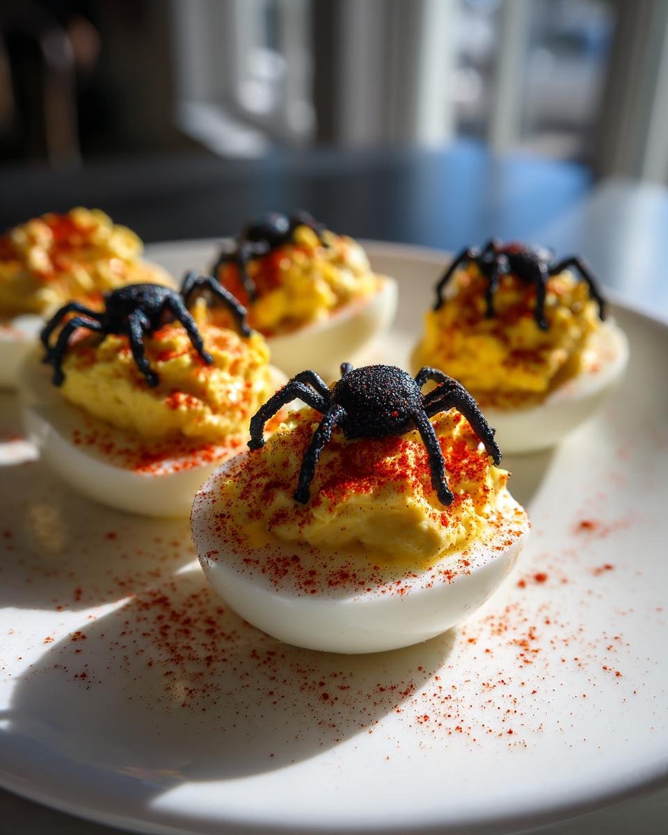 Several spooky Spider Deviled Eggs topped with black plastic spiders and sprinkled with paprika on a white plate.