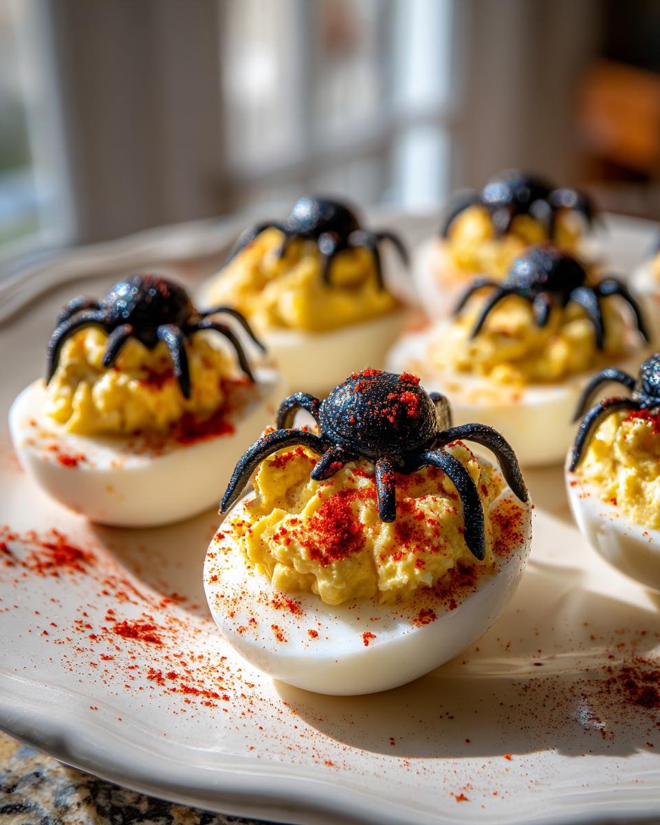 A close-up of spooky Spider Deviled Eggs topped with black candy spiders and sprinkled with red paprika.