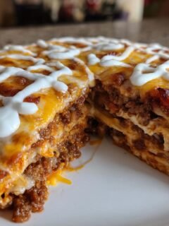 A cross-section view of a thick Spiderweb Taco Pizza showing layers of seasoned ground beef, melted cheese, and sour cream drizzle.