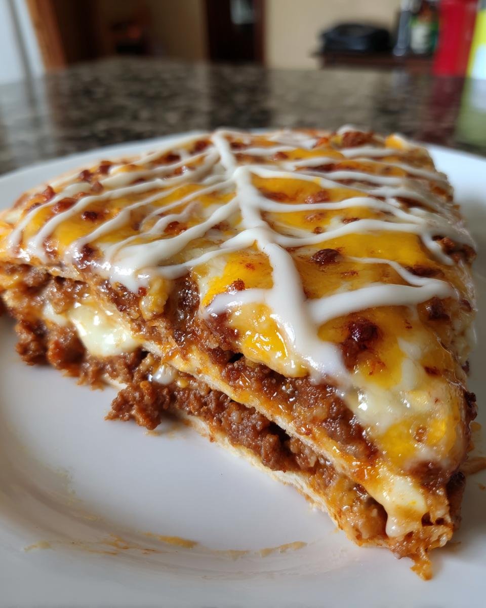 Close-up of a slice of Spiderweb Taco Pizza showing layers of meat, melted cheese, and a sour cream drizzle.