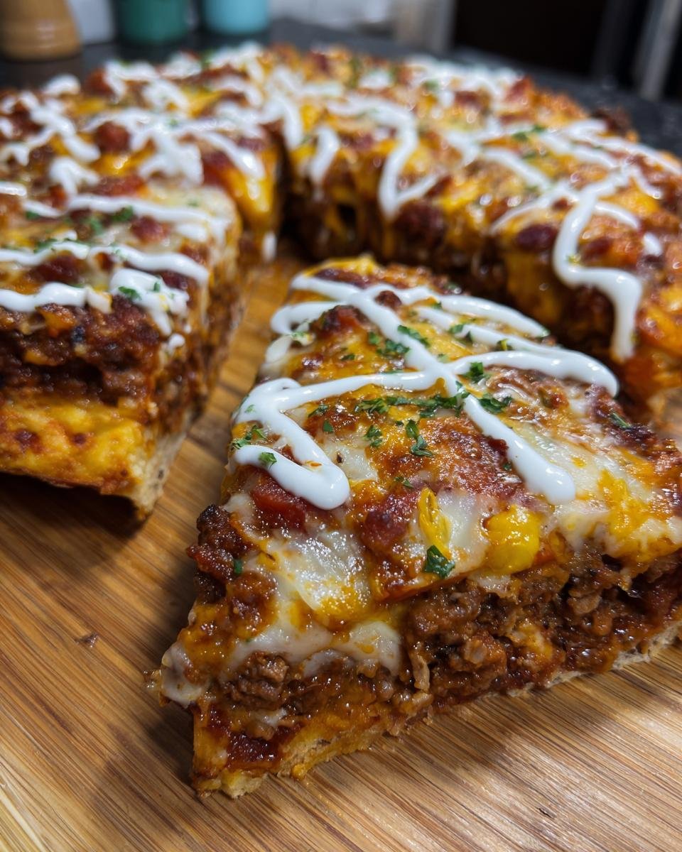 A thick slice of Spiderweb Taco Pizza topped with seasoned meat, melted cheese, and a white sour cream drizzle.