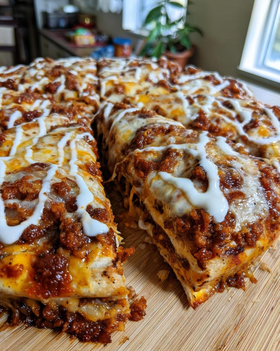 A freshly baked, sliced Spiderweb Taco Pizza topped with seasoned meat, melted cheese, and a sour cream drizzle.