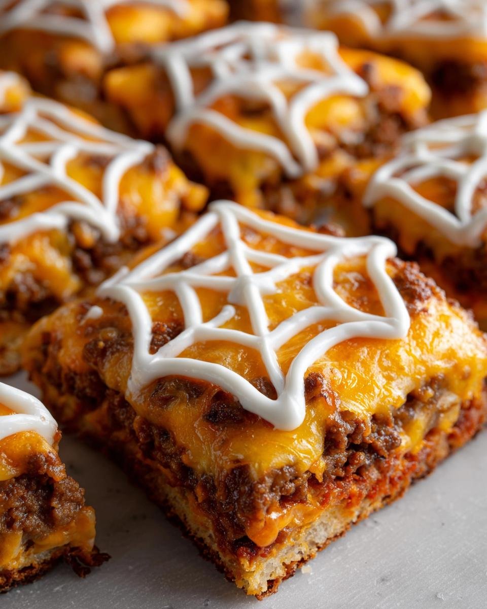 A close-up of a square portion of Spiderweb Taco Pizza topped with melted cheese and sour cream piped in a spiderweb design.