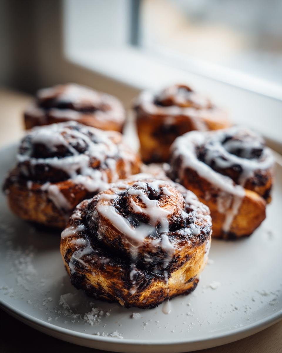 Close-up of several freshly baked Spooky Cinnamon Rolls drizzled with white icing, sitting on a light plate near a window.