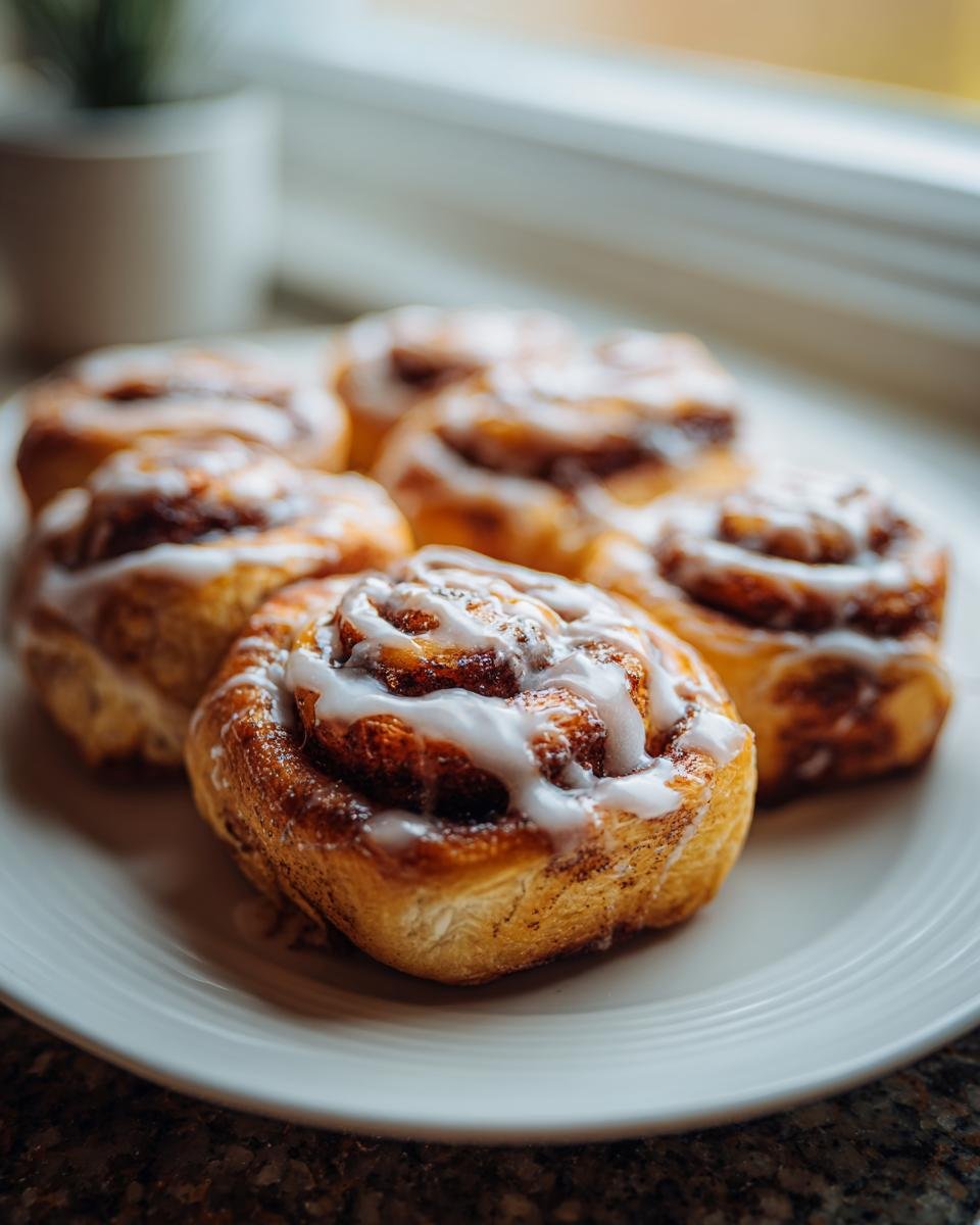 A close-up of several freshly baked Spooky Cinnamon Rolls drizzled with white icing, resting on a white plate.