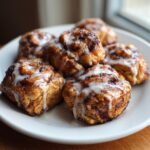 A close-up of several glazed Spooky Cinnamon Rolls piled on a white plate.