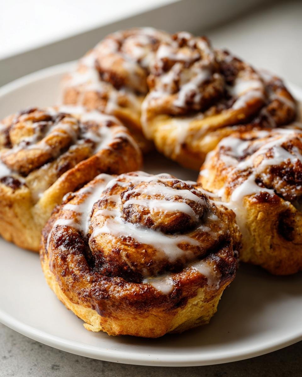 Close-up of four freshly baked Spooky Cinnamon Rolls drizzled with white icing on a white plate.