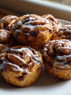 A close-up of several freshly baked Spooky Cinnamon Rolls drizzled with white icing on a white plate.