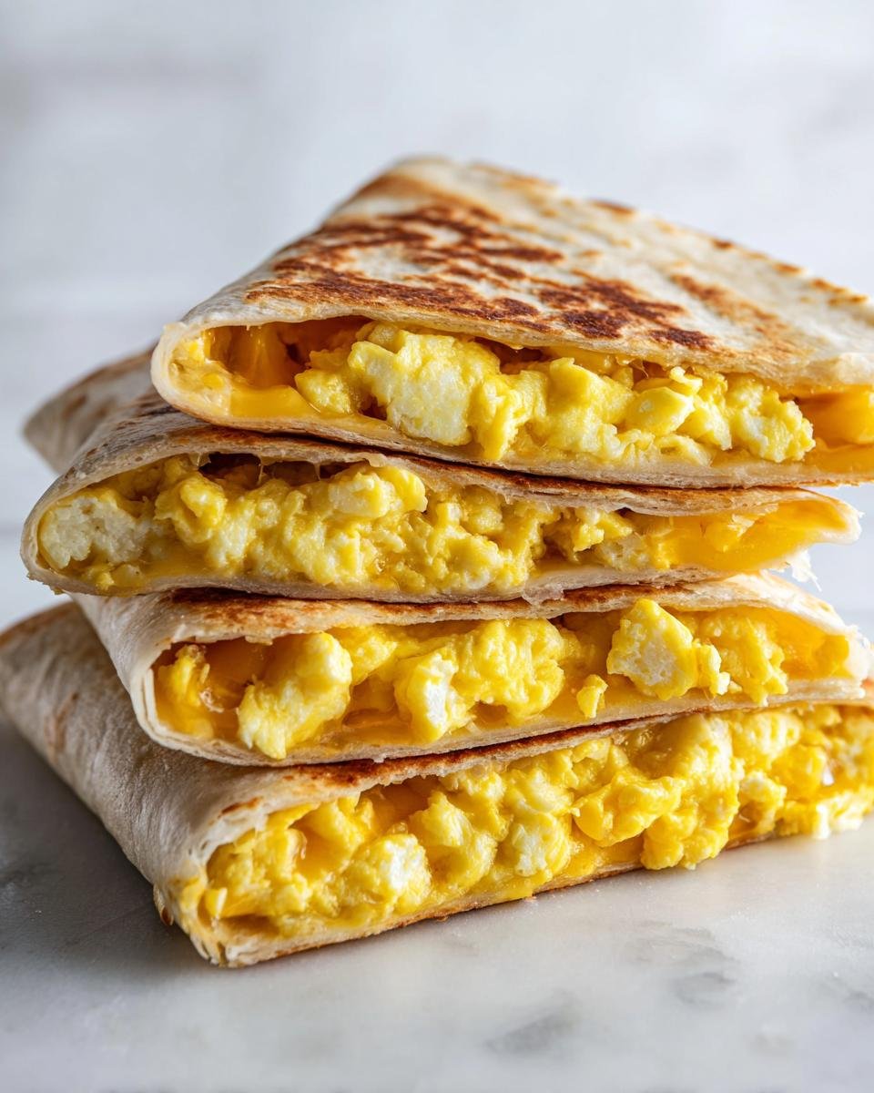 A stack of four triangular pieces of a golden-brown Breakfast Quesadilla filled with fluffy scrambled eggs and melted cheese.